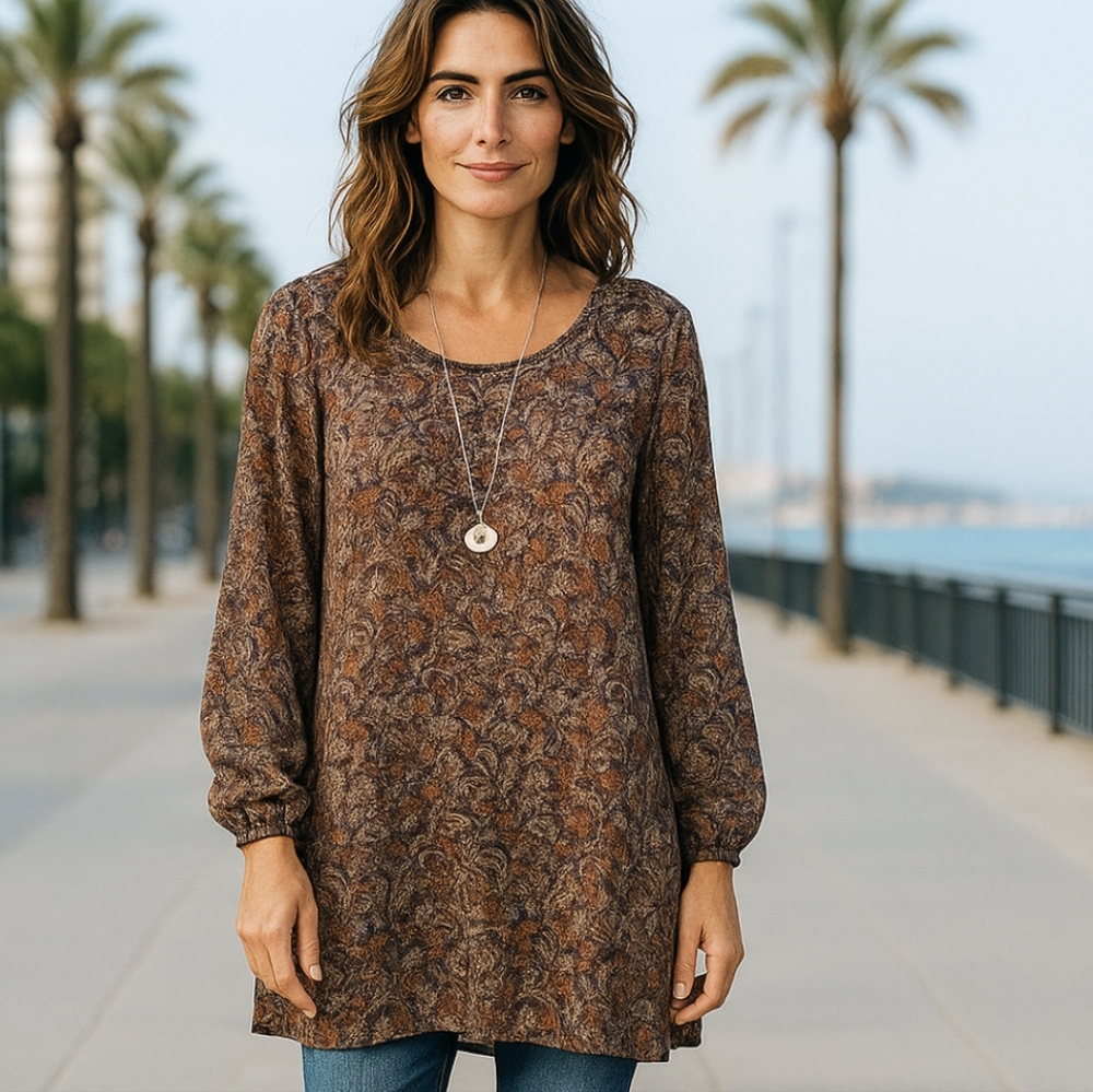 CAbi Purple & Orange Tapestry Scoop Neck Blouse